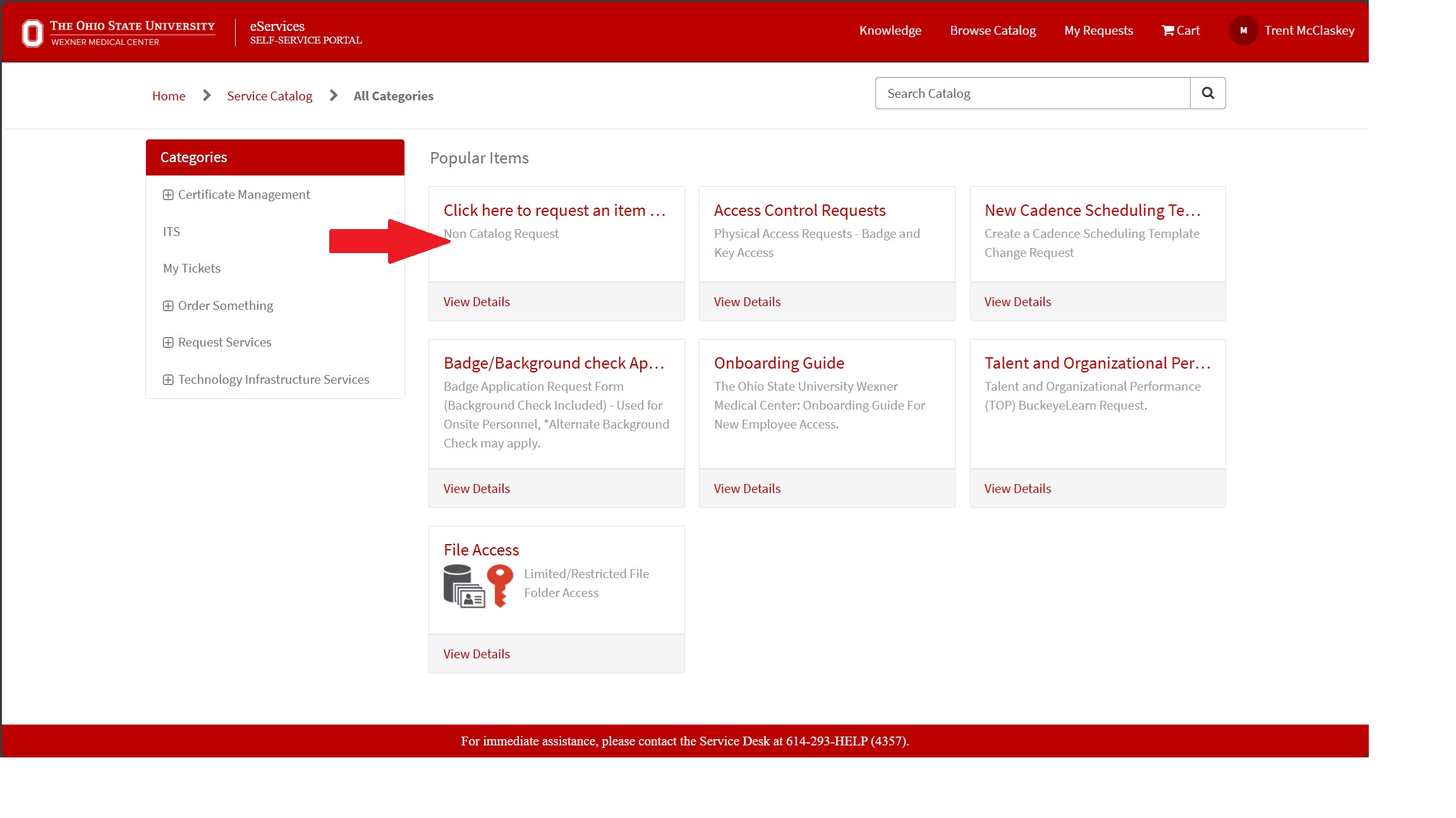 OSUWMC Service Now Catalog Popular Items view in Service Catalog