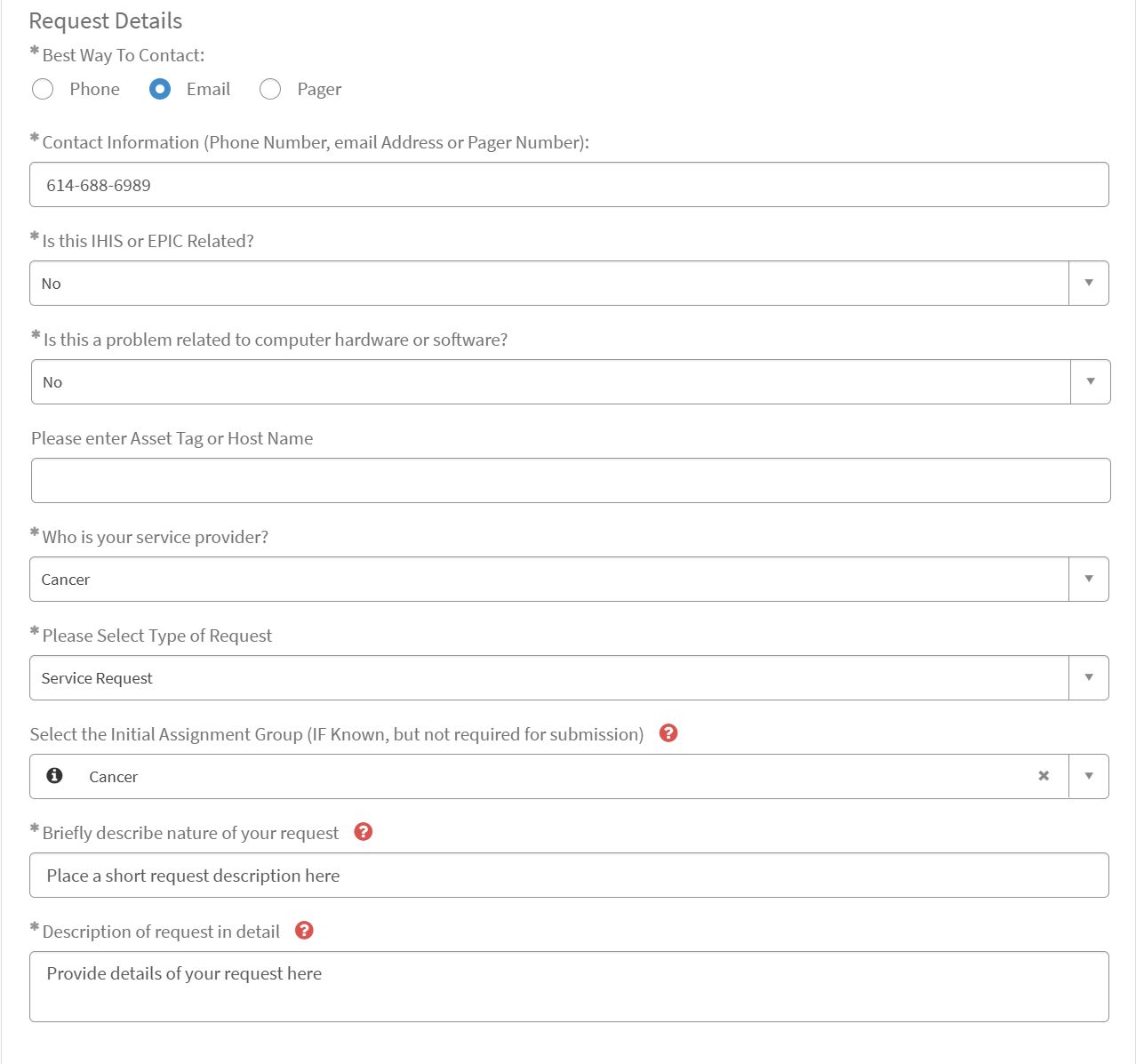 OSUWMC ServiceNow Non Catalog Form lower section