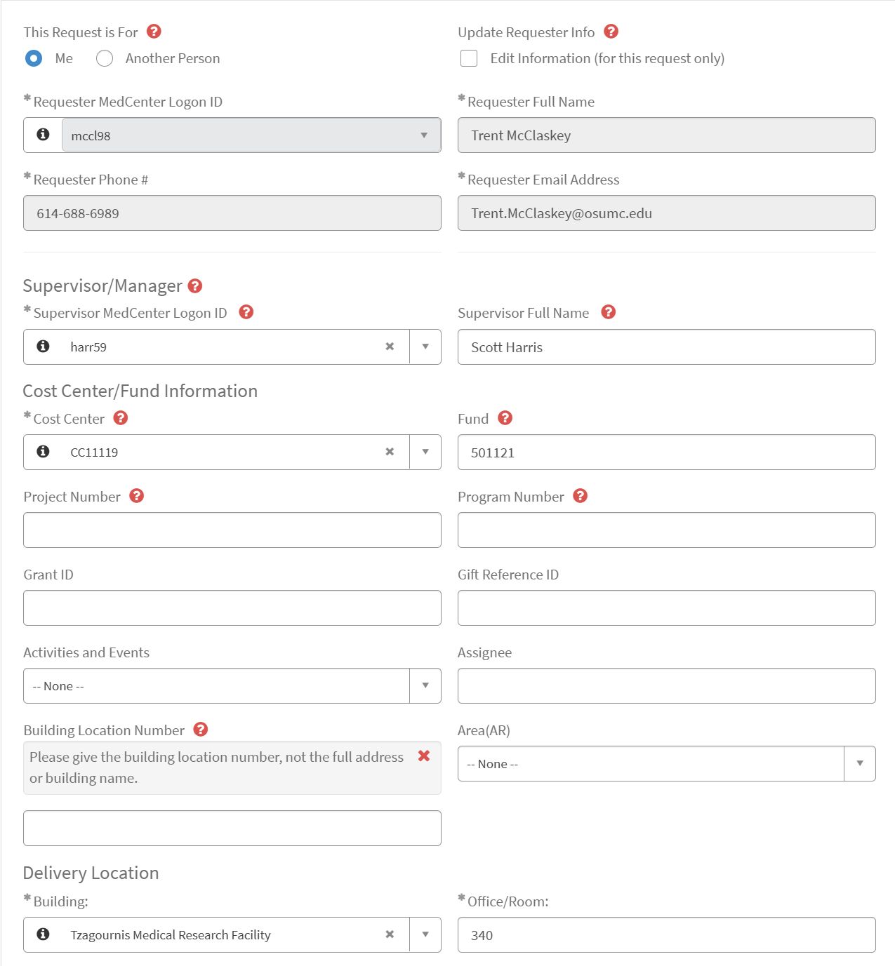 OSUWMC ServiceNow Not Catalog Form upper section